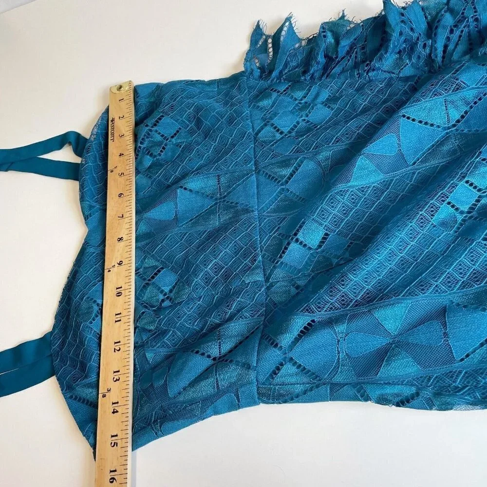 Foxiedox Womens Lace Ruffle Sleeveless Cocktail Dress Teal Blue S High Low‎ NWT